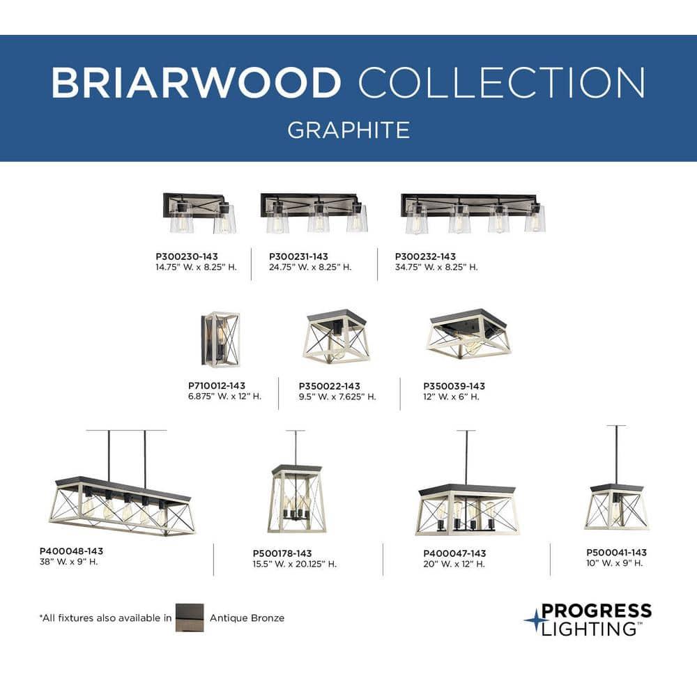 Progress Lighting Briarwood 3-Light Bath Vanity in Graphite with Clear Glass Shades