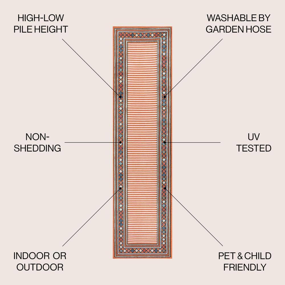 JONATHAN Y Sebastian High-Low Modern Diamond Border Orange/Ivory 2 ft. x 8 ft. Indoor/Outdoor Runner Rug