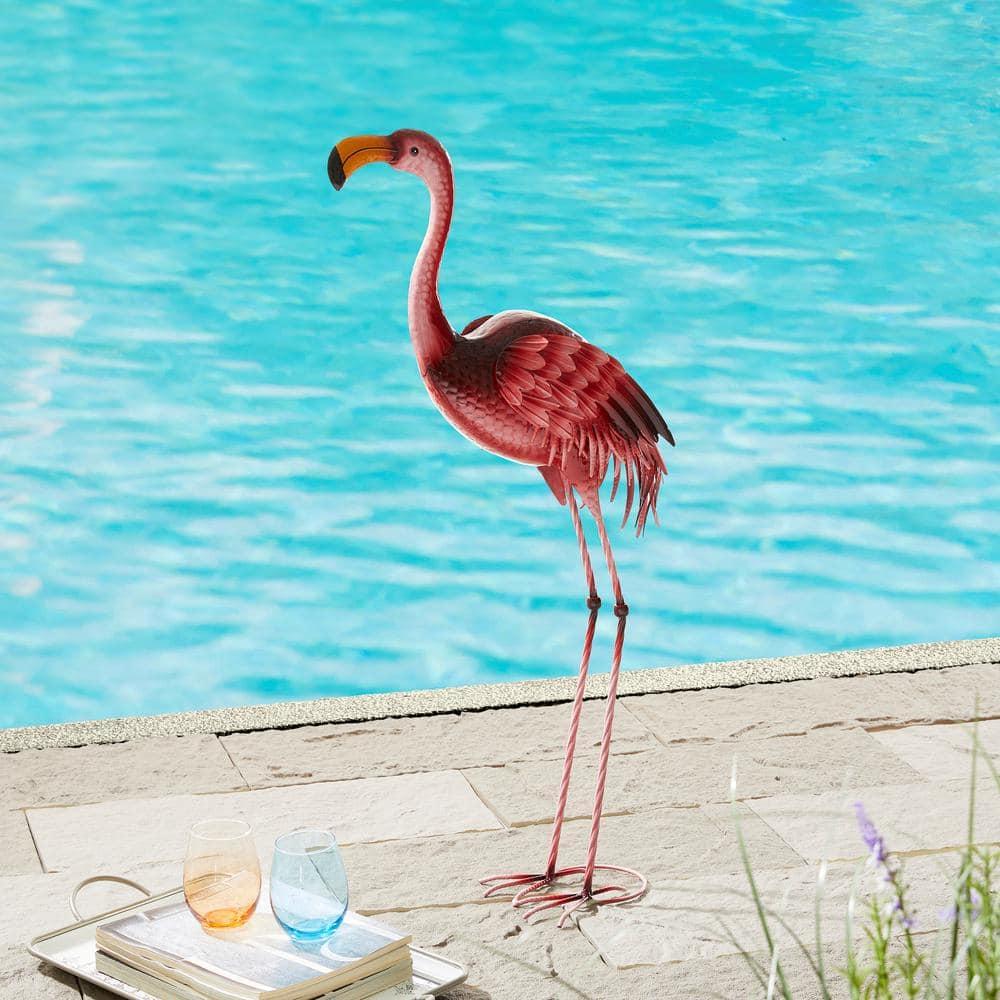 38.5 in. H Metal Standing Flamingo Garden Statue with Stakes (KD)