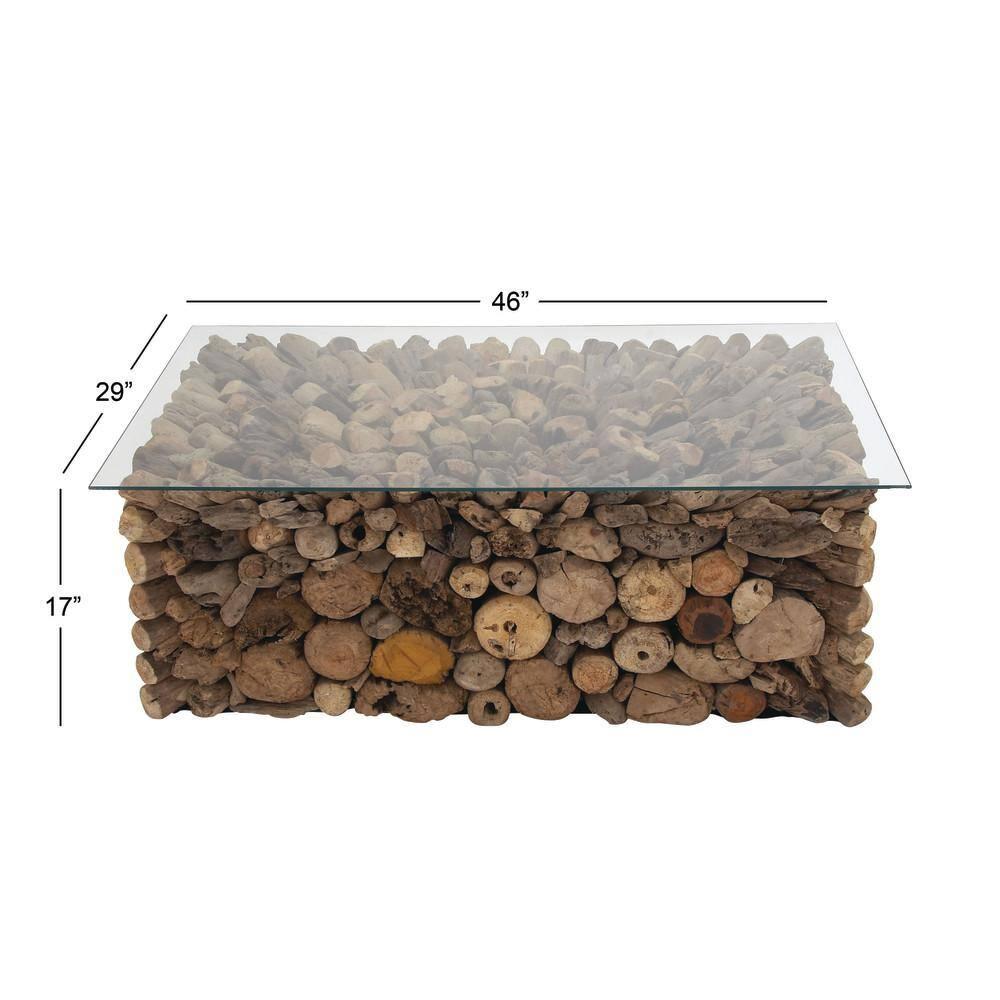 Millwood Pines Brown Wood Handmade Stacked Collage Coffee Table with Clear Glass Top