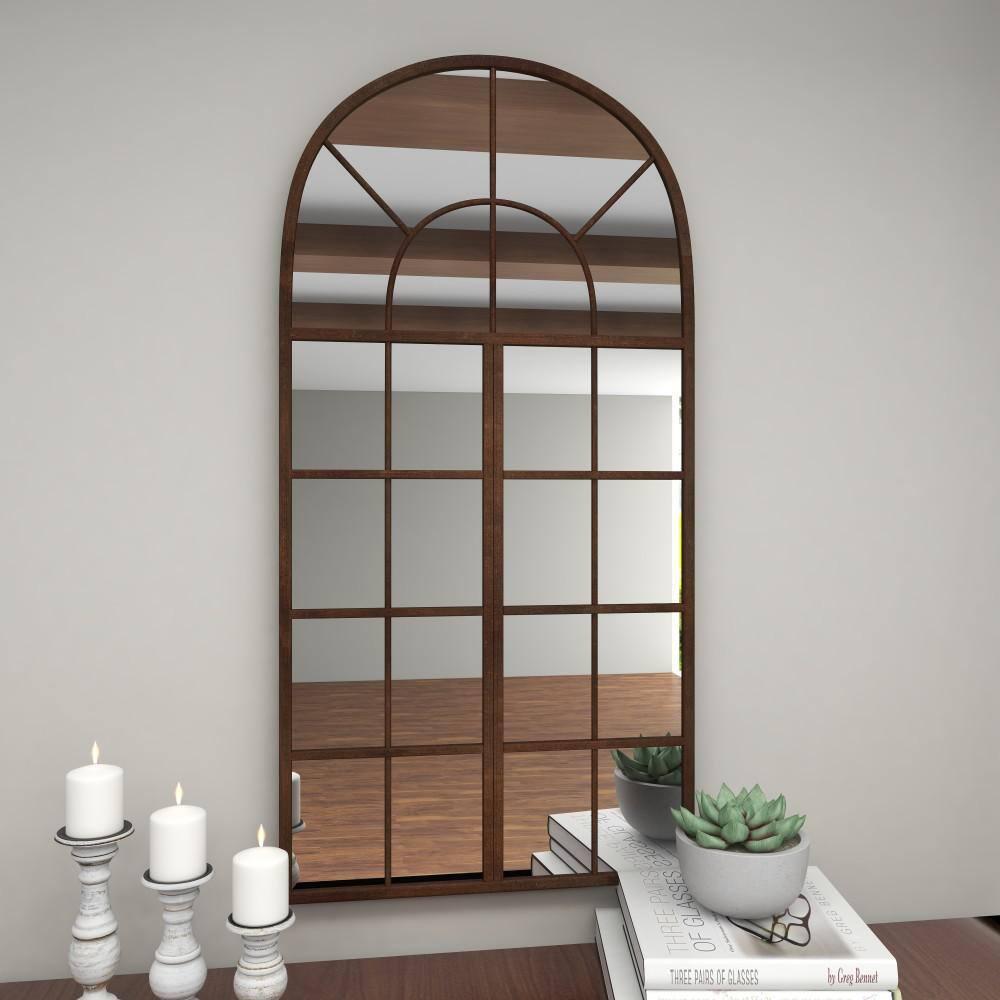DecMode 24" x 48" Brown Window Pane Inspired Wall Mirror with Arched Top