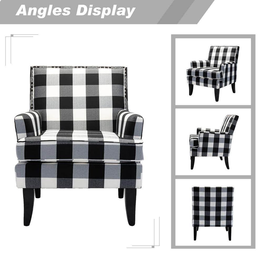 Upholstery Armchair Accent Chair Sofa Couch Wood Legs Nailhead Trim Home Living Room Bedroom Plaid White Black