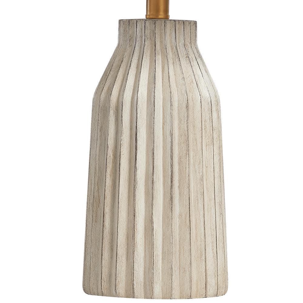 KAWOTI 24" Farmhouse Resin Table Lamp, Weathered White Table Lamp with Bamboo Pattern Shade for Bedroom