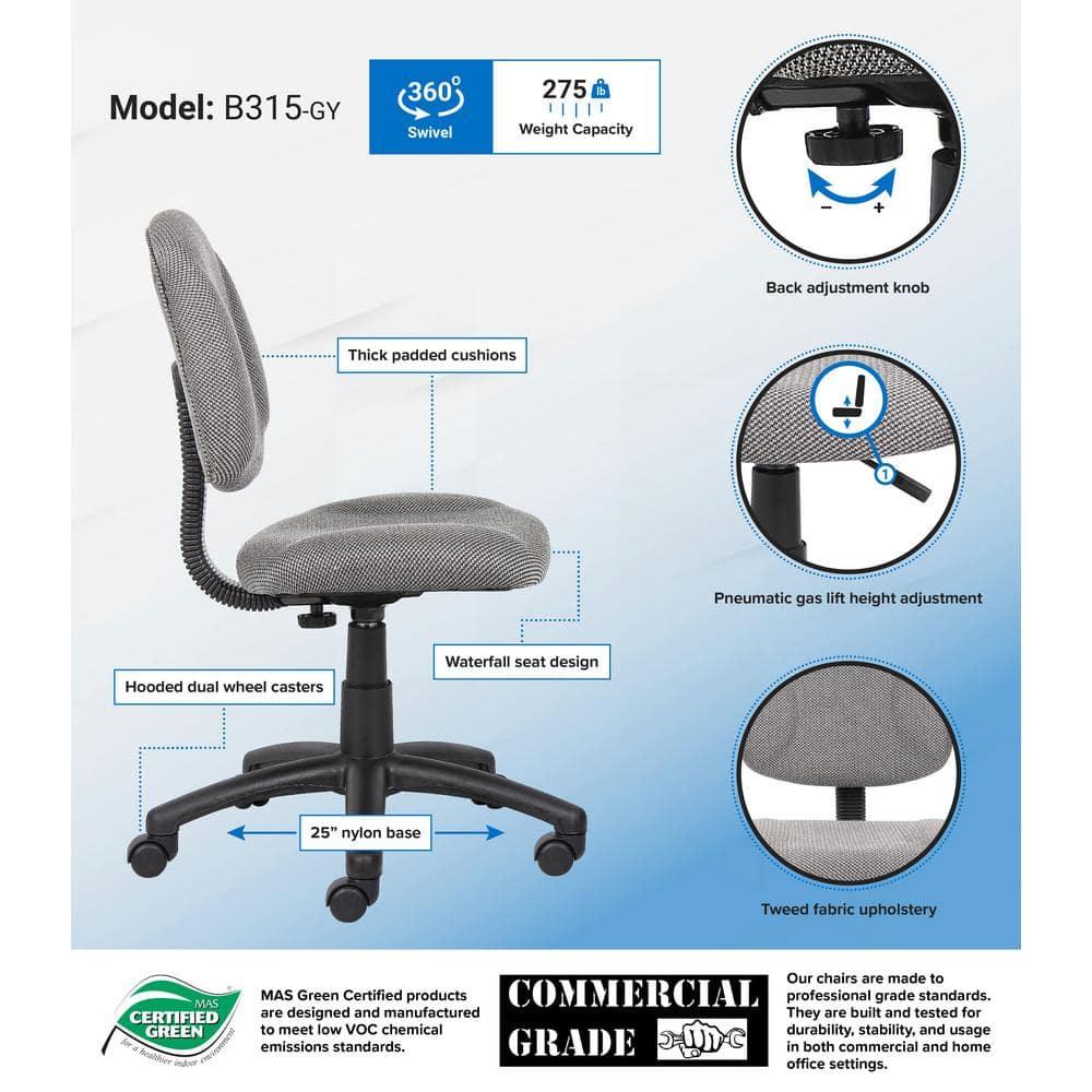 Boss Office Products Deluxe Posture Chair Gray : Ergonomic Swivel Computer Chair with Lumbar Support, Nylon Legs