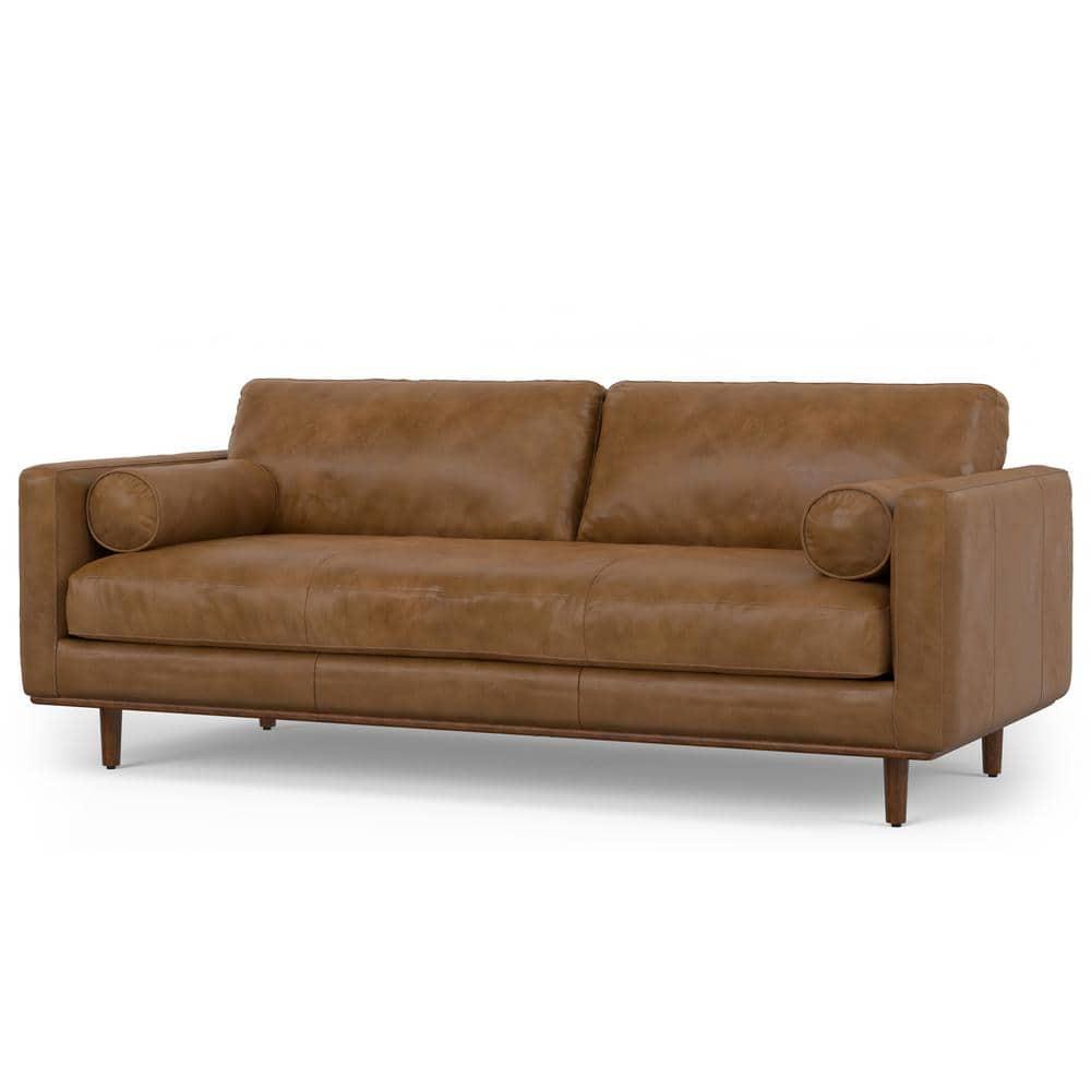 Simpli Home Morrison Genuine Leather Sofa, Mid-Century Modern Couch for Living Room, Handcrafted with Removable Cushions