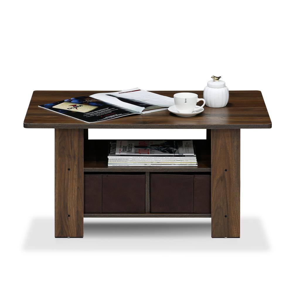 FETON Andrey Coffee Table with Bin Drawer, Columbia Walnut/Dark Brown