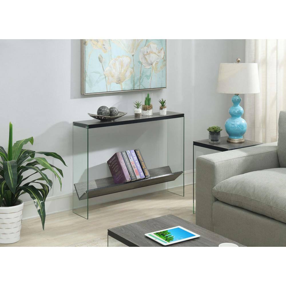 Convenience Concepts SoHo Glass V Console Table with Shelf, Weathered Gray/Glass