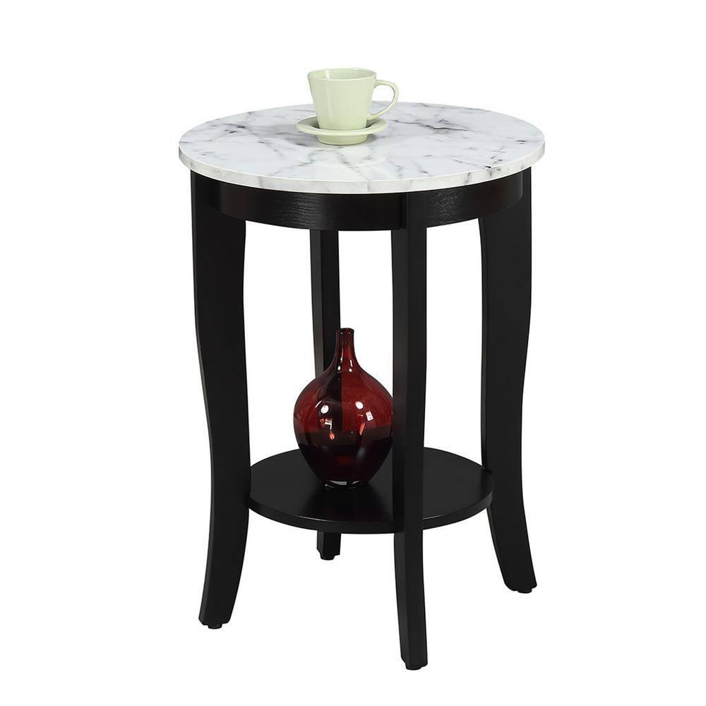 American Heritage Round End Table, White Faux Marble & Black - 24 x 17.75 x 17.75 in.