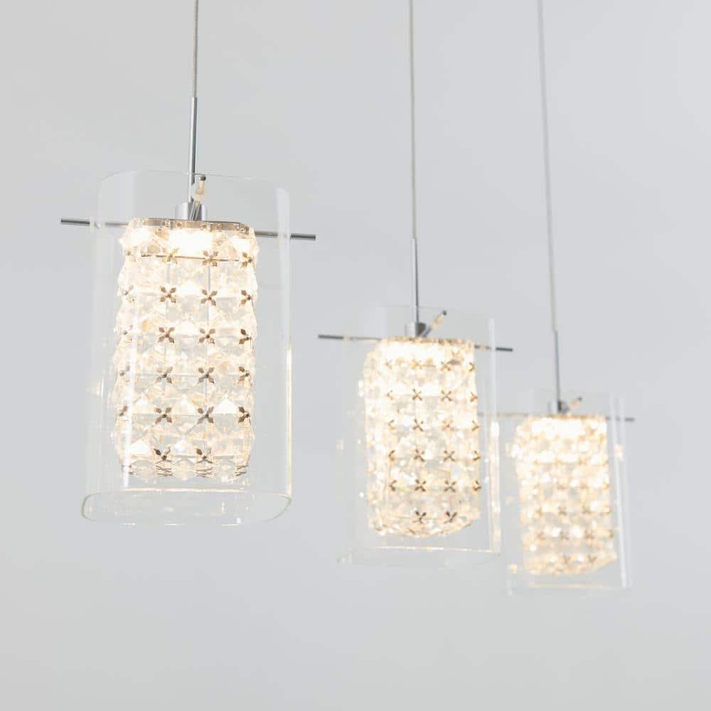 Crystal Cube 13-Watt 3 Light Chrome Modern Integrated LED Pendant Light Fixture for Dining Room or Kitchen