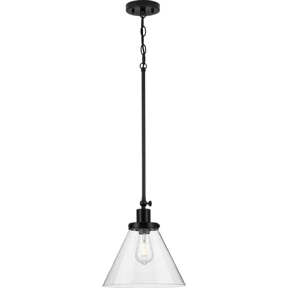 Progress Lighting Hinton 1-Light Industrial Pendant Light, Matte Black, Seeded Glass Shade