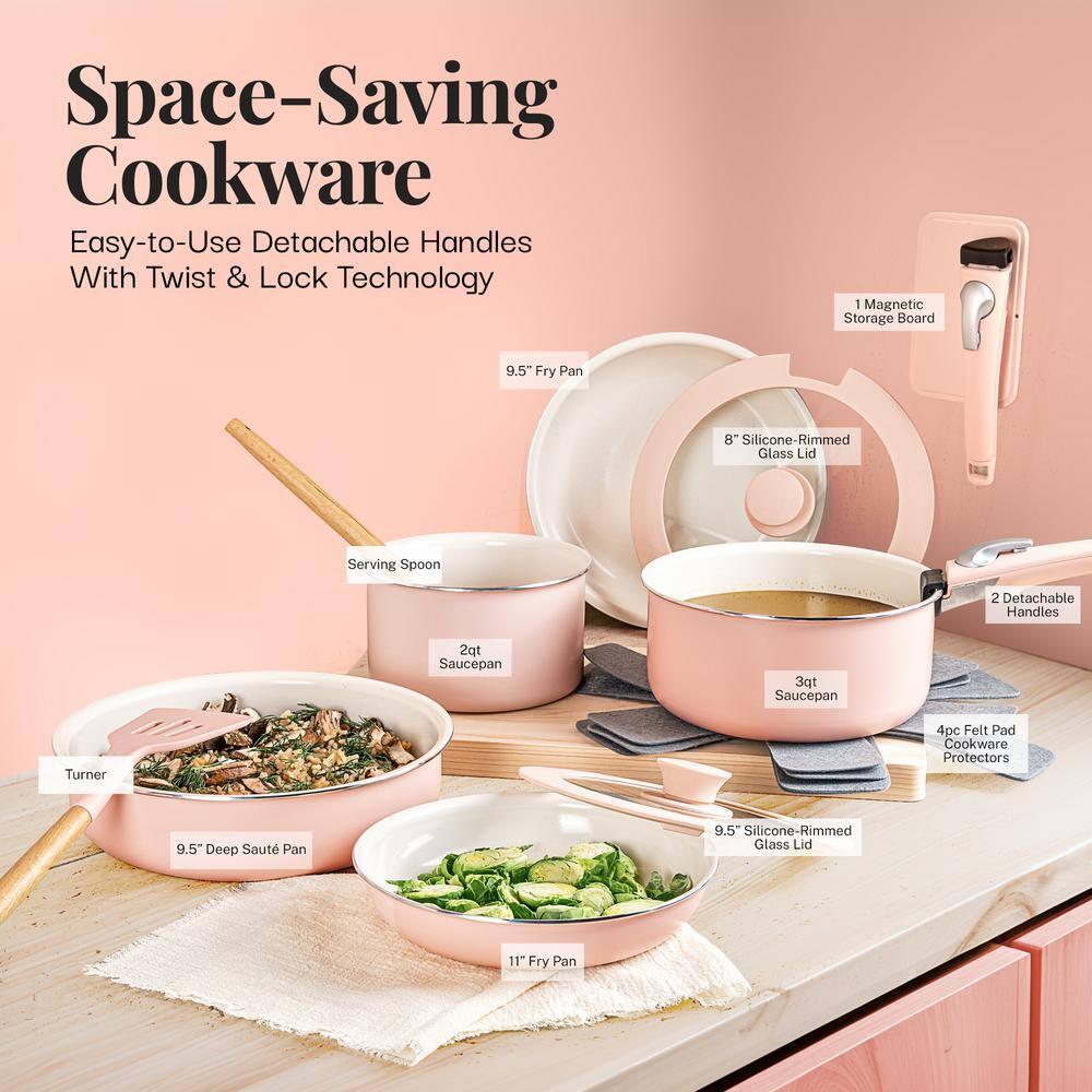 Gotham Steel Nonstick Pots and Pans 18 Piece Ceramic Induction Cookware Kitchen Set Detachable Handles Frying Skillet Pink