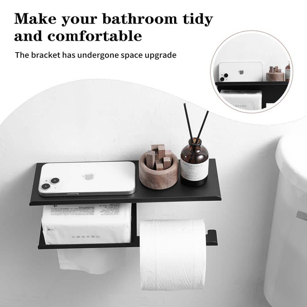 Modern Toilet Paper Holder with Anti-Rust Shelf Paper Roll Holder Toilet Tissue Holder Wipes Storage in Matte Black