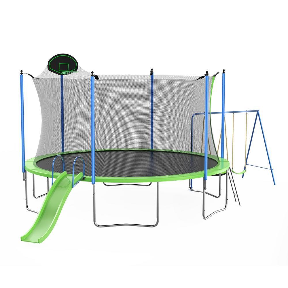 12FT Trampoline with Slide and Swings,Kids Outdoor Trampoline with Safety Enclosure Net and Basketball Hoop, Sports Fitness Recreational Trampolines with Ladder for Kids,Adults