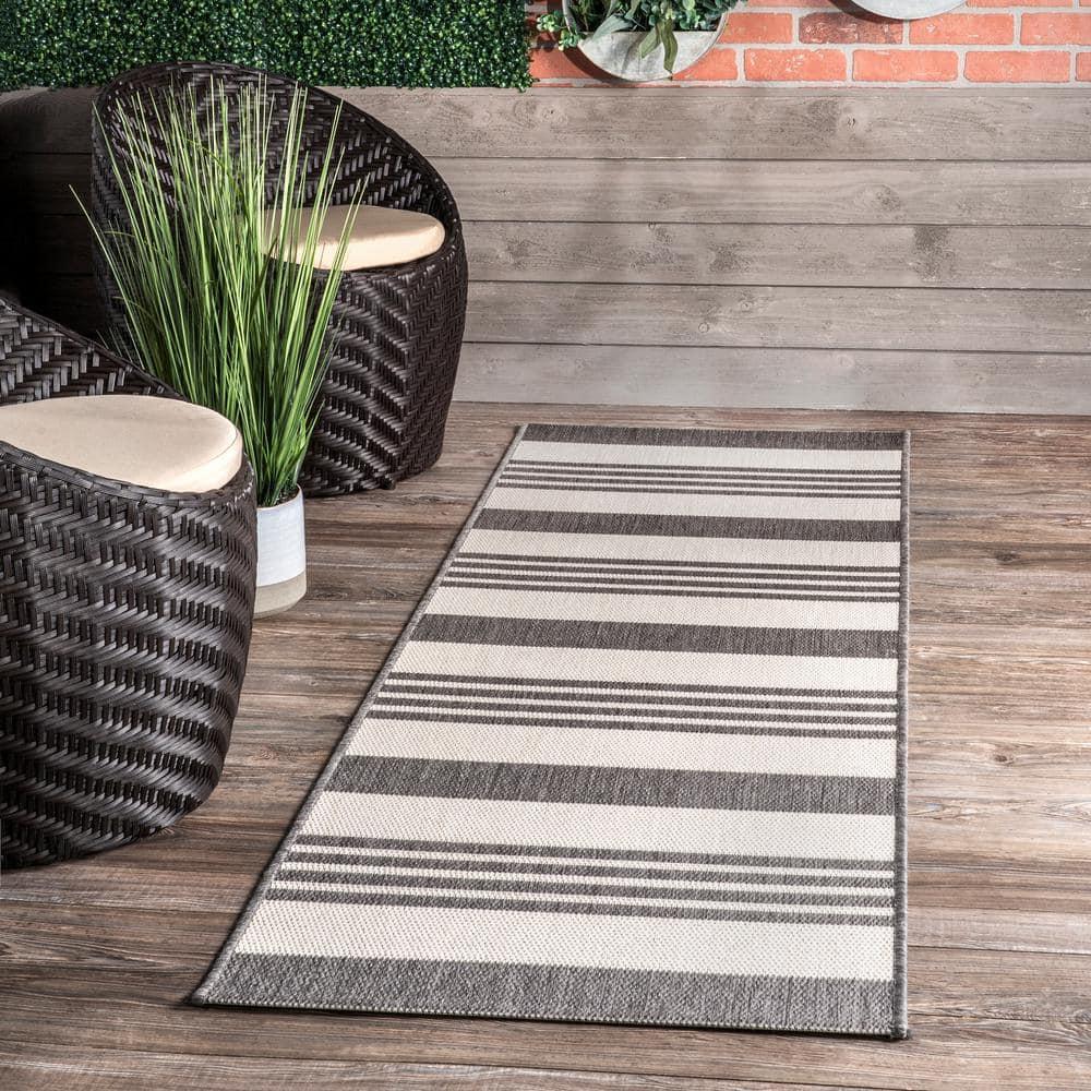 Nuloom Robin Striped 2x8 Indoor/Outdoor Runner Rug for Living Room Patio Deck Front Porch Entryway Hallway Kitchen, Light Grey/Ivory