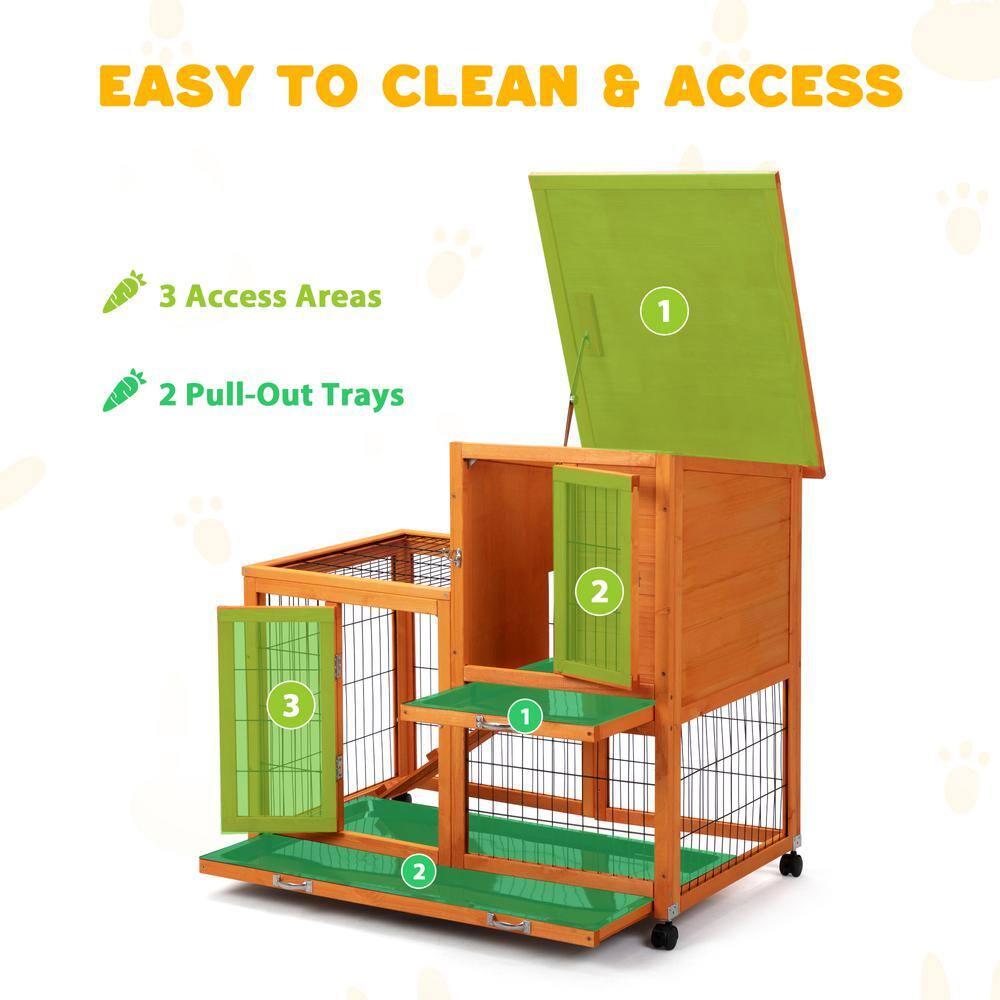 COZIWOW Wooden Rabbit Hutch Hamster Habitat Bunny House Outdoor w/ 4 Casters 2 Cleaning Trays