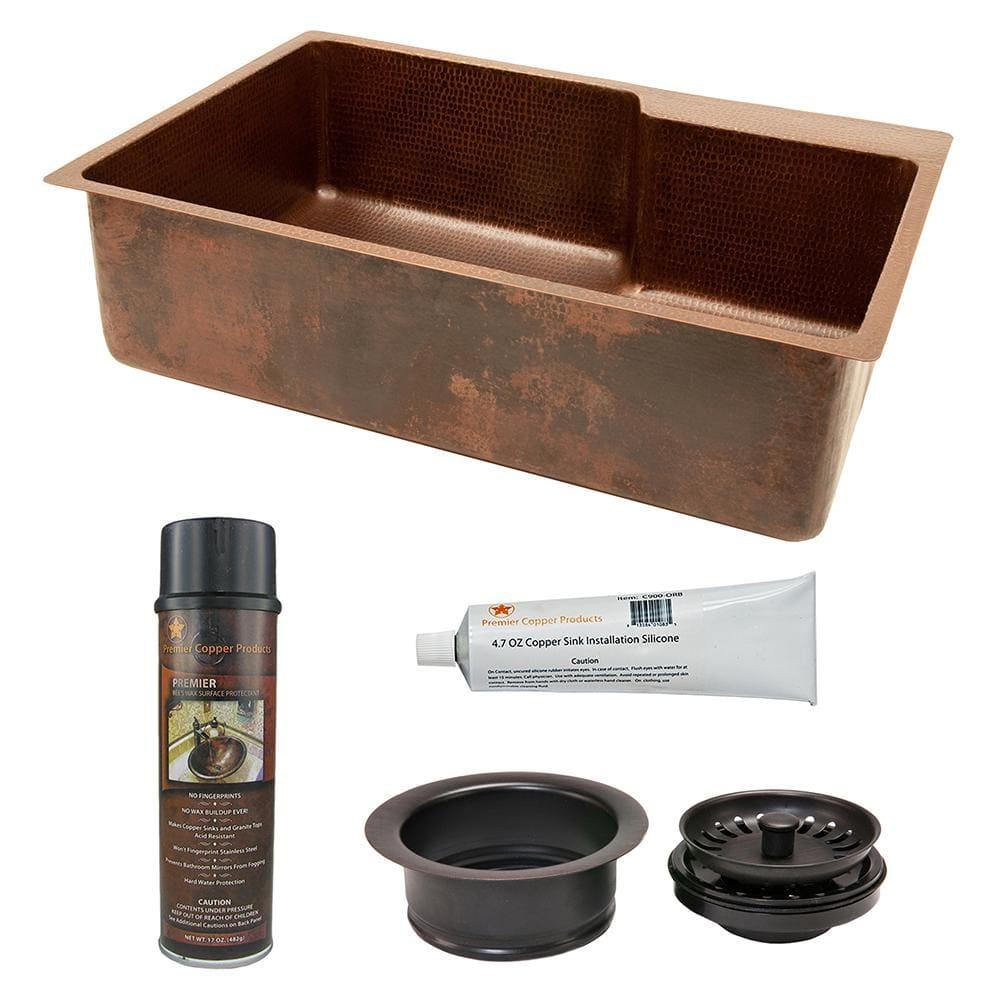 33" Hammered Copper Kitchen Single Basin Sink with Matching Drain and Accessories