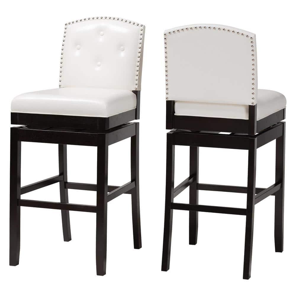 Set of 2 Ginaro Faux Leather Button Tufted Upholstered Swivel Barstools White - Baxton Studio: Nailhead Trim, Rubberwood Frame