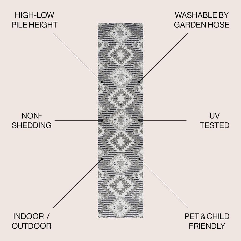 2'x10' Sumak High-Low Pile Neutral Diamond Kilim Indoor/Outdoor Runner Rug, Gray/White/Black - JONATHAN Y