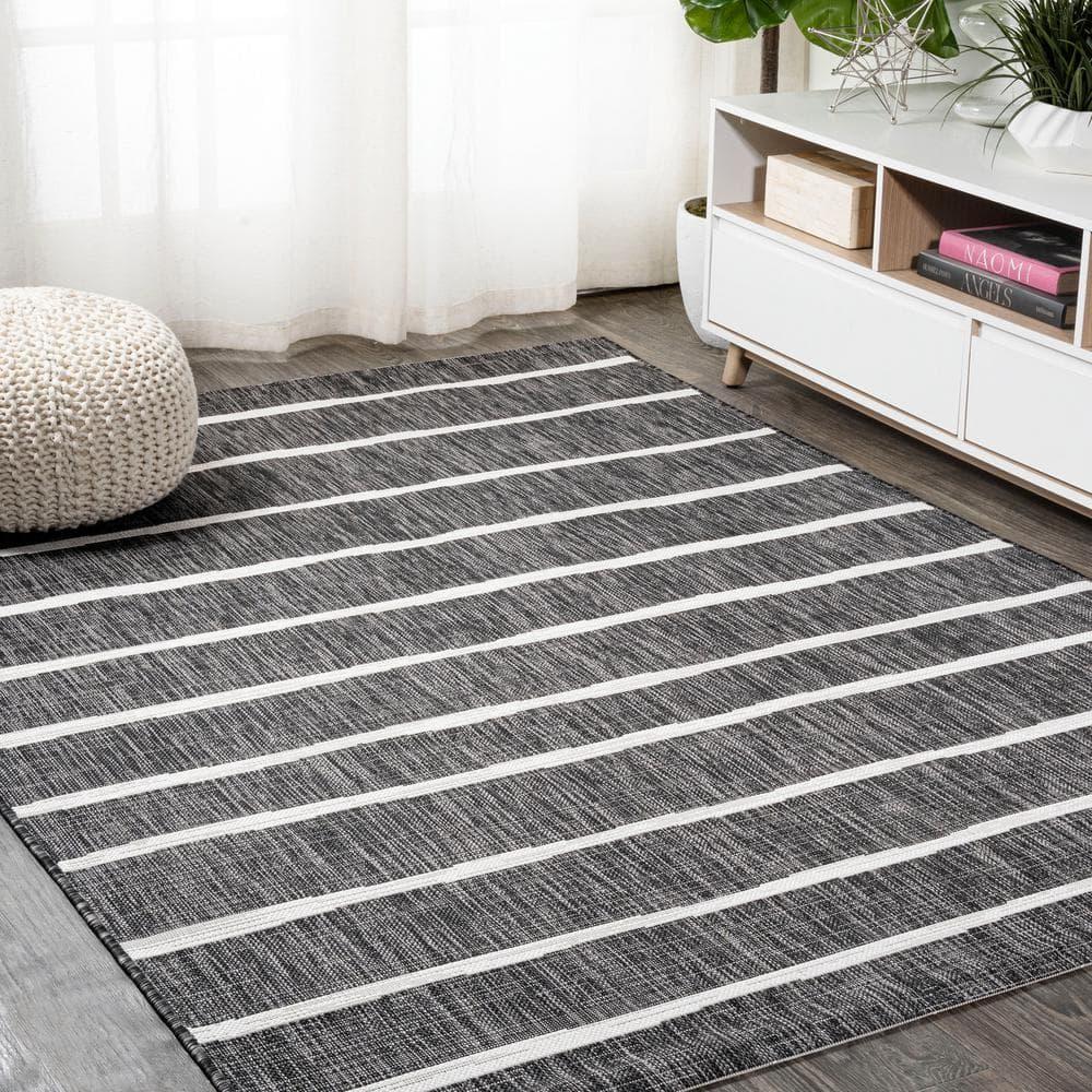 3'x5' Colonia Berber Stripe Indoor/Outdoor Area Rug, Black/Ivory - JONATHAN Y