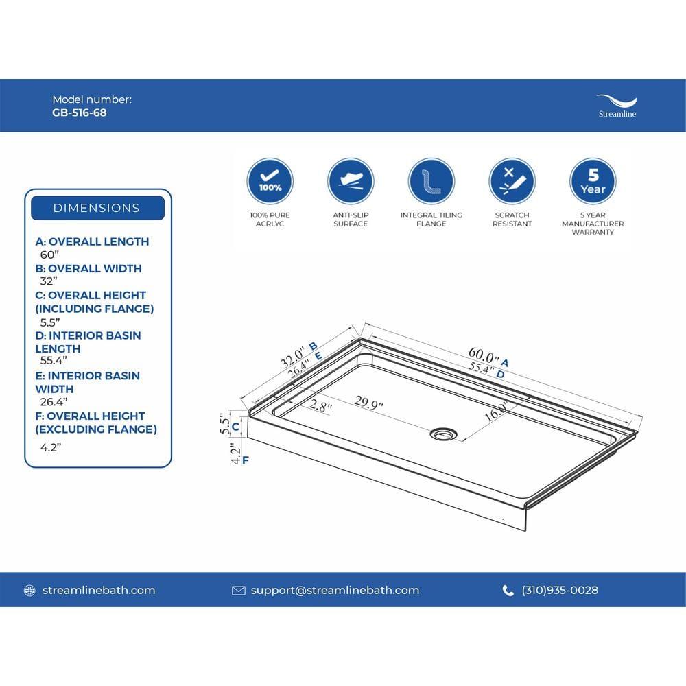 Streamline Bath Streamline 60 in. x 32 in. Alcove Acrylic Shower Base With Center Drain, Drain Included GB-516-68