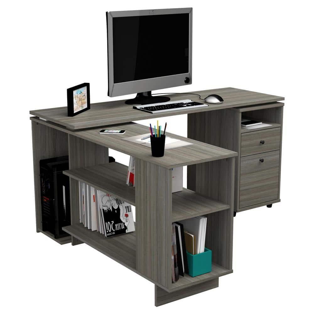 Inval L-Shaped Reversible Computer Desk, Smoke Oak