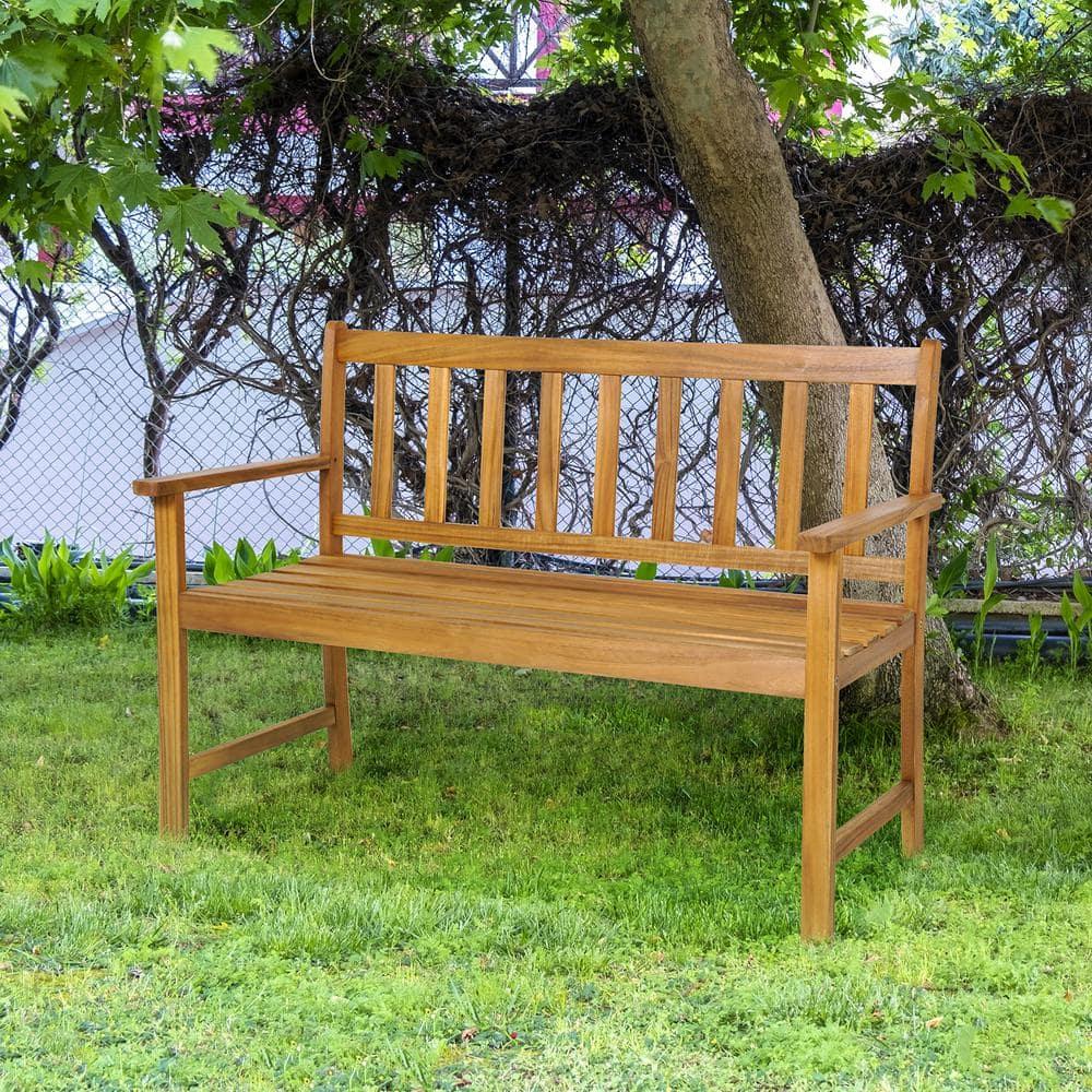 Natural Acacia Wood 2-Person Outdoor Bench with Armrests