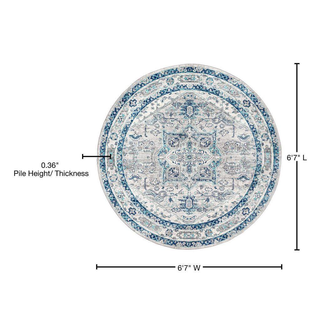 6' round Modern Persian Vintage Medallion Area Rug, Light Grey/Blue - JONATHAN Y