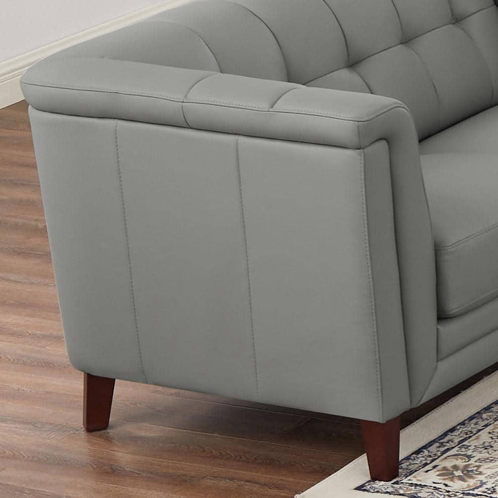 Arvo 84" Silver Gray Tufted Leather Sofa with Wood Legs