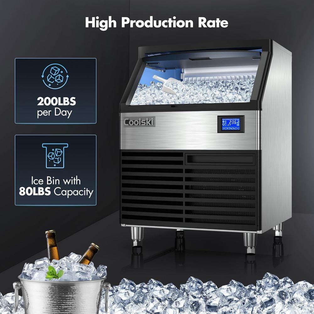 Coolski Commercial Ice Maker 200lbs/24h, 26’’ Under Counter Ice Machine with 80lbs Storage Capacity