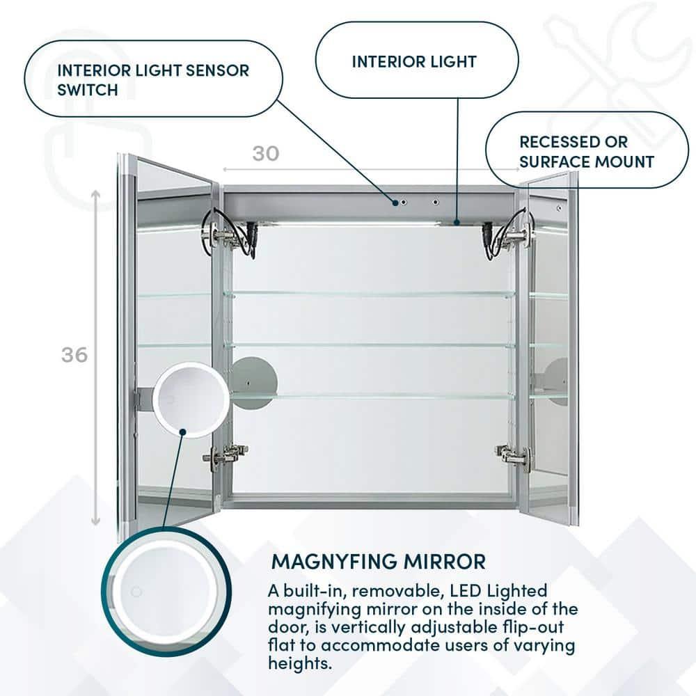 AQUADOM AQUADOM Signature Royale LED Medicine Cabinet with Defogger, Electrical Outlets, Digital Clock, Dimmer, Adjustable LED 3X Magnifying Mirror