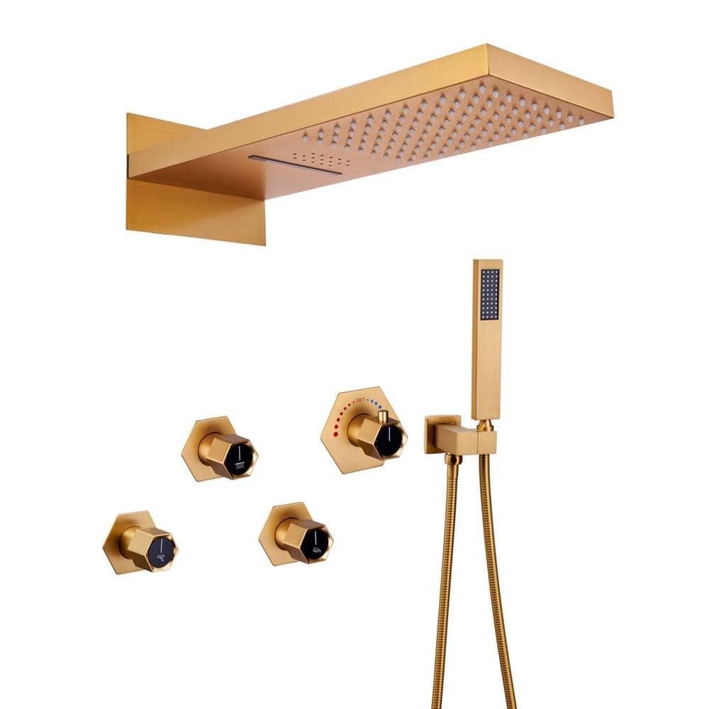 Large Brushed Gold Dual Shower Head System with LED and Bluetooth