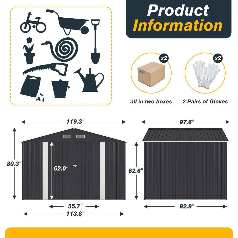 HOGYME 8' x 10' Large Outdoor Metal Storage Shed, Galvanized Steel Garden Tool Shed with Sliding Double Lockable Doors, 4 Vents for Backyard Patio Lawn, Carbon Black