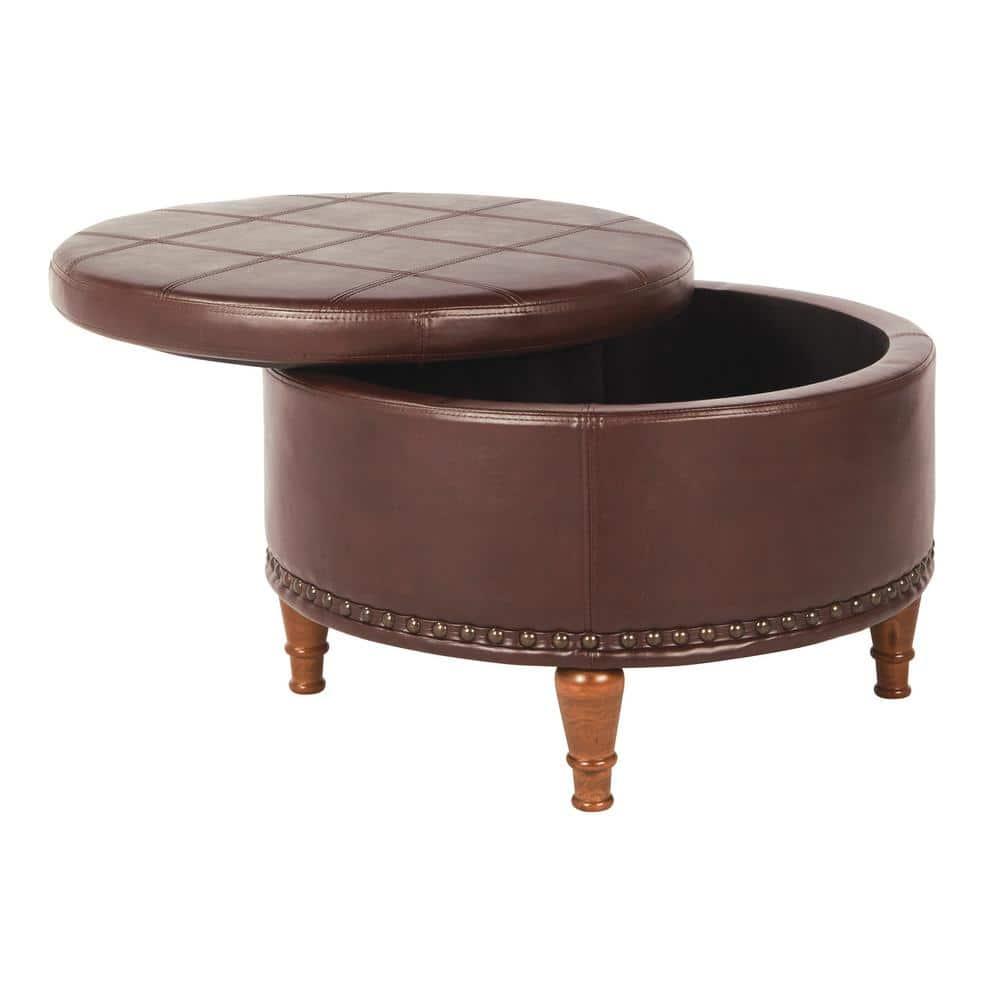 OSP Home Furnishings Alloway Storage Ottoman in Espresso Faux Leather with Antique Bronze Nailheads