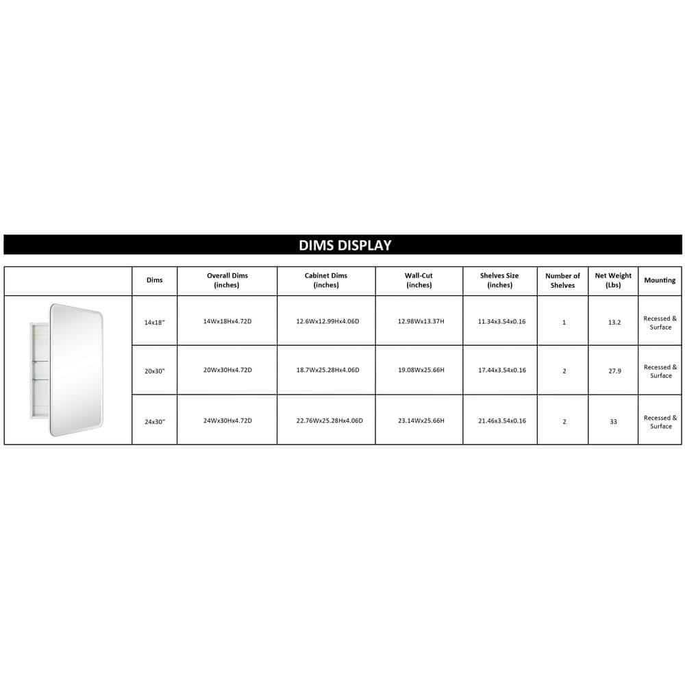 TEHOME 24 in. W x 30 in. H Rectangular Recess and Surface Mount Frameless Medicine Cabinet with Mirror