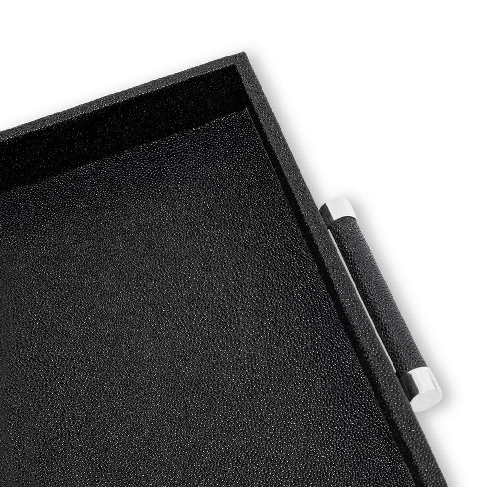 Decorative Serving Tray-Black Shagreen Square with Stainless Steel Silver Handles 18.11 X 18.11 X 1.96" Polyurethane