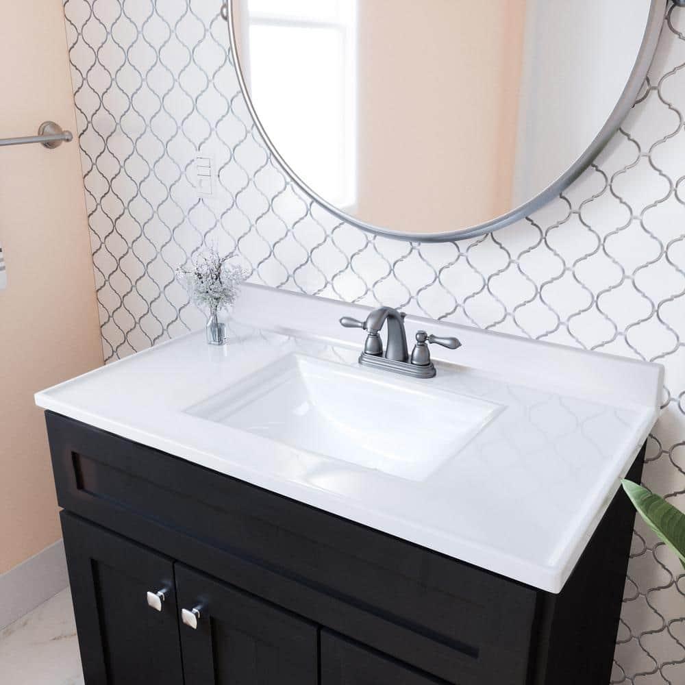 Camilla 37 in Cultured Marble Center Mount Rectangle One Bowl Vanity Top with Backsplash in Solid White