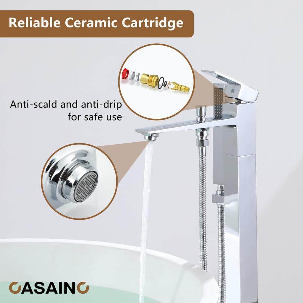 1-Handle Floor Mount Freestanding Tub Faucet with Handheld Shower in Chrome Plated