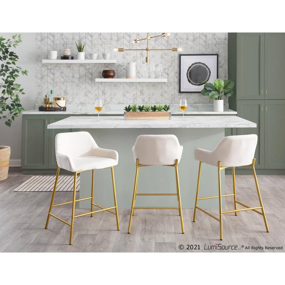 Set of 2 Daniella Metal Polyester Counter Height Barstools Gold/Cream - LumiSource: Upholstered, Steel Legs, Foam Fill