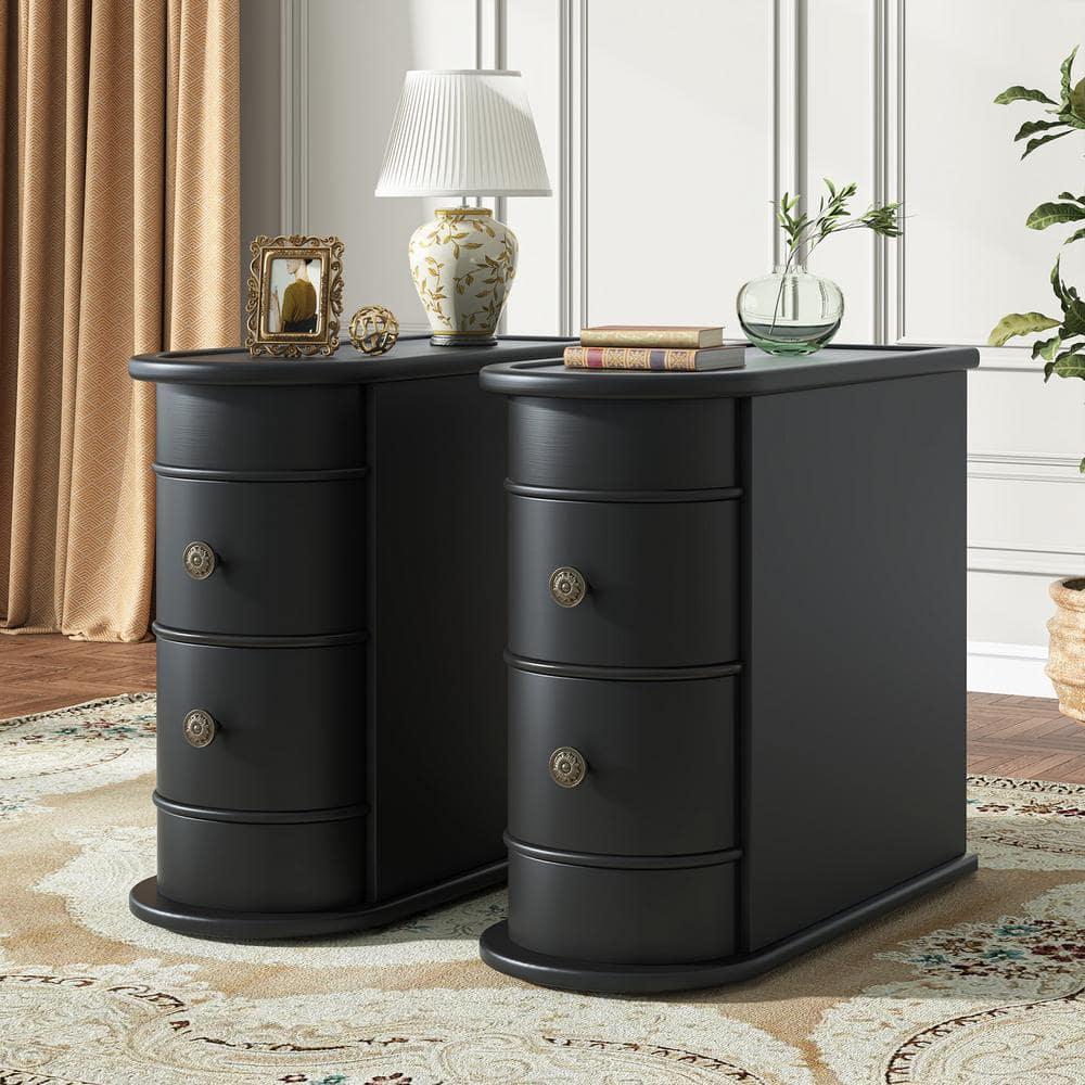 Hommoo Wood Narrow Nightstand with 2 Drawers Black