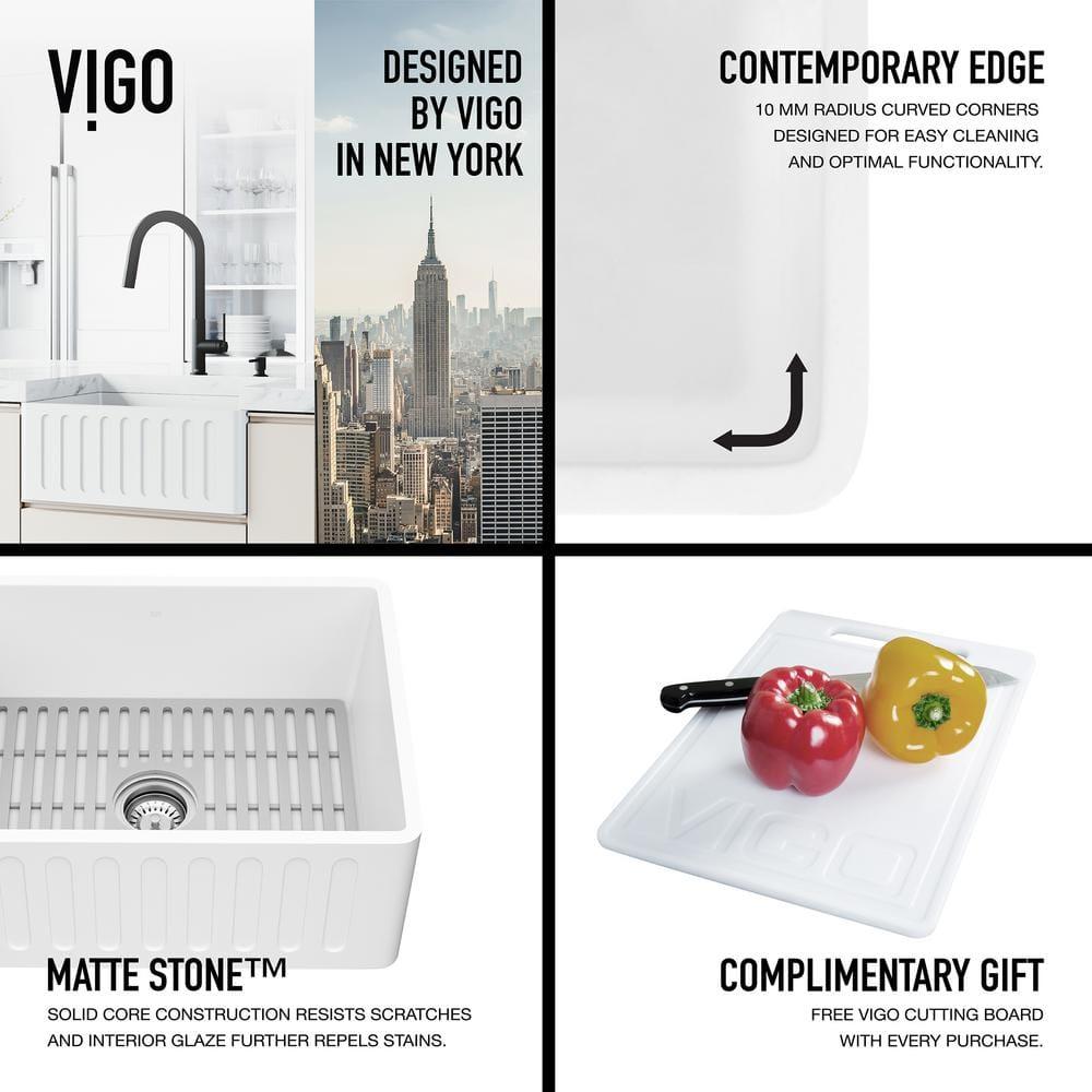 Matte Stone 24" L x 18" W Single Bowl Farmhouse Kitchen Sink with Basket Strainer and Silicone Grid