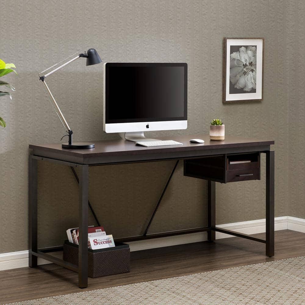 Sunjoy 58" Brown Wood Finish Writing Study Laptop Computer Desk Home Office Workstation with Motion Storage Drawer and Metal Frame