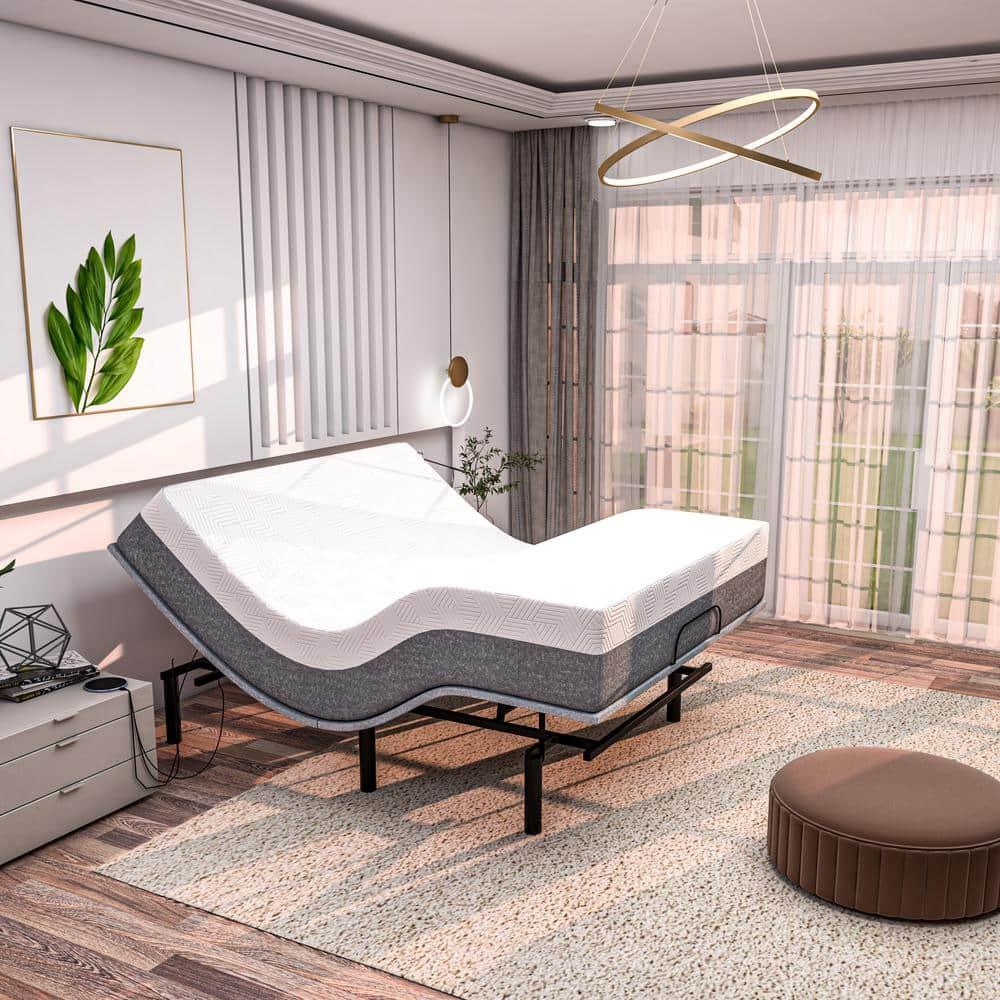 Renanim Serenityflex Adjustable Base & Hybrid Mattress – Split King-Size Adjustable Base with 12 in. Cooling Gel Mattress, Massage, USB Ports, Remote & Under-Bed Light – Reclining Electric Bed Frame