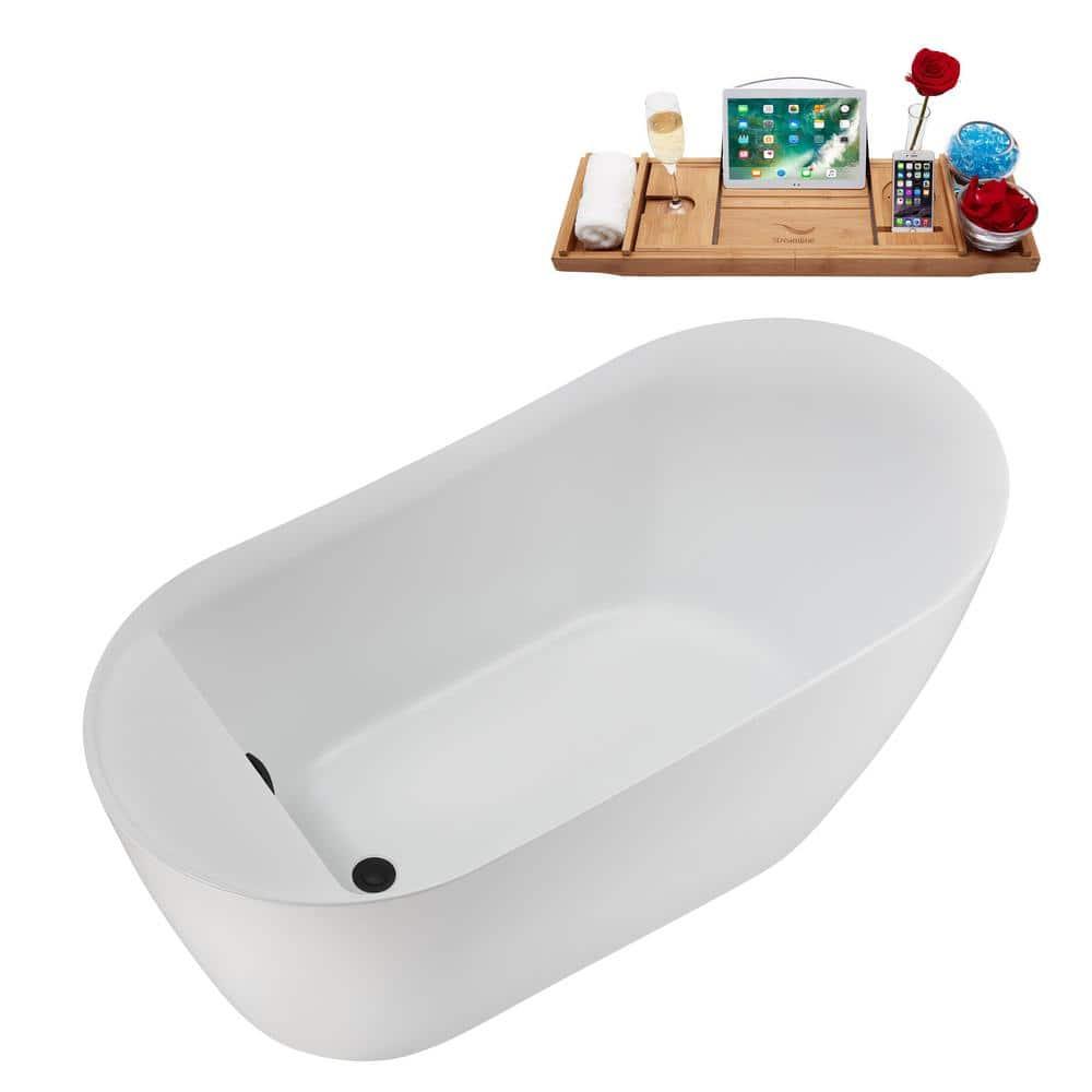 Streamline Bath 59" Streamline Freestanding Soaking Acrylic Bathtub With Drain and Bamboo Tray N2080BL