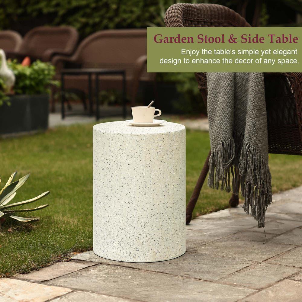 LuxenHome Patio Side Table, 18'' Cream with Speckled Gray Cement Round End Table,Accent Table for Outdoor Indoor, Garden Stool Plant Stand Off-White