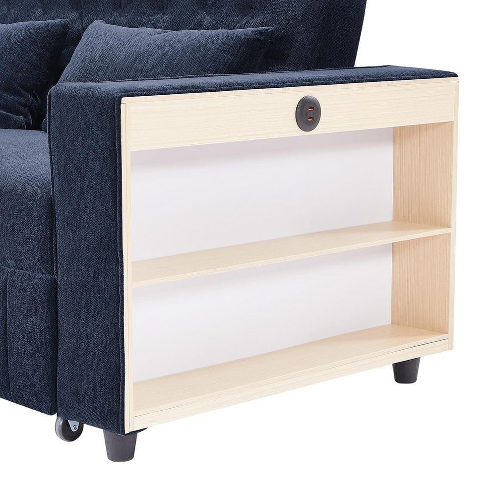 Blue Chenille Tufted Twin Sleeper Sofa with Cup Holder
