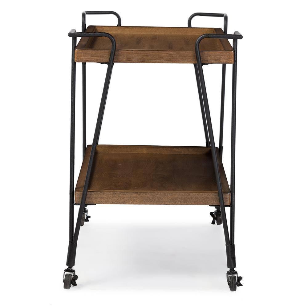 Jessica Rustic Industrial Style Textured Finish Metal Distressed Ash Wood Mobile Serving Bar Cart - Black & Brown - Baxton Studio