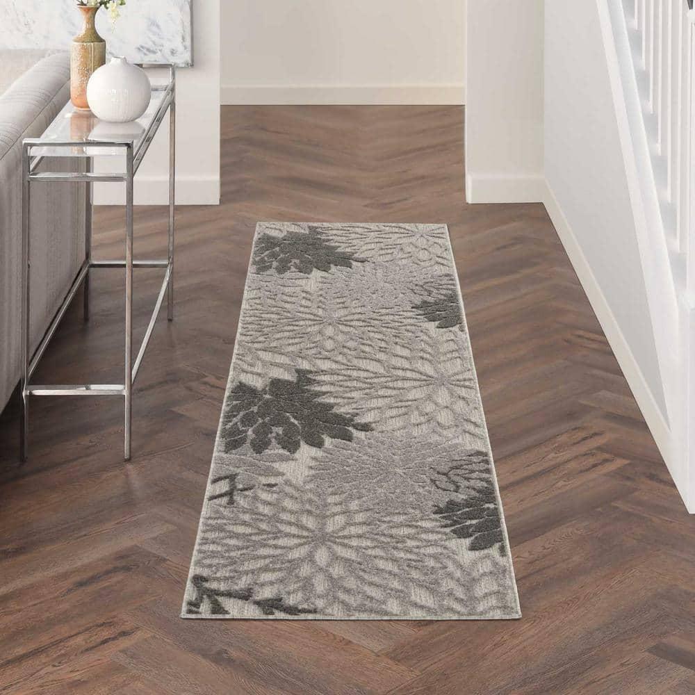 Nourison Aloha Floral Bloom Flatweave High-Low Indoor Outdoor Runner Rug Silver Grey 2'3" x 12'