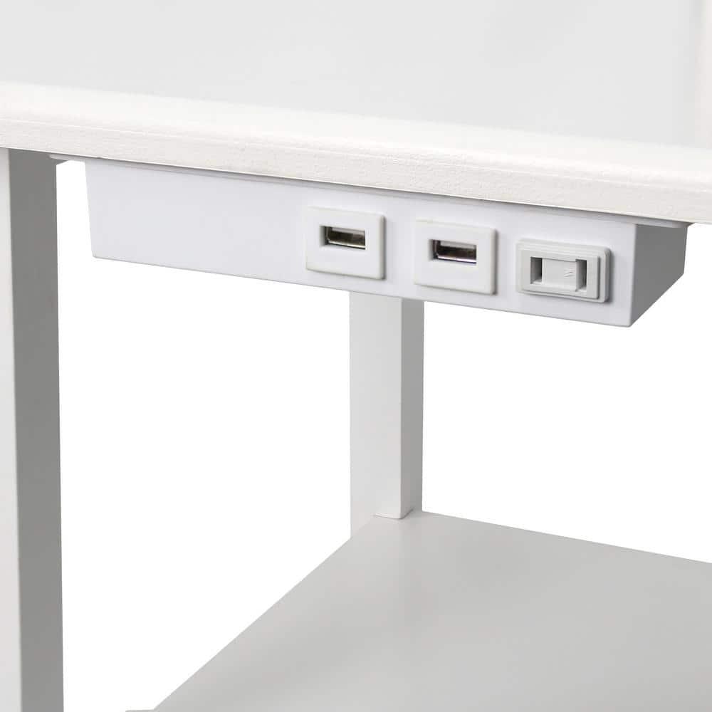 57 in. Modern 2 Tier End Table & White Drum Fabric Shade Floor Lamp with 2 x USB Charging Ports & Power Outlet, White