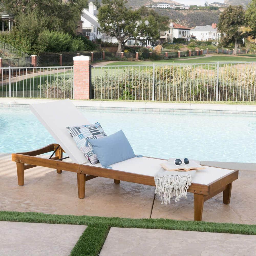 GDF Studio Della Outdoor Mesh and Acacia Wood Armless Adjustable Chaise Lounge, Teak and White