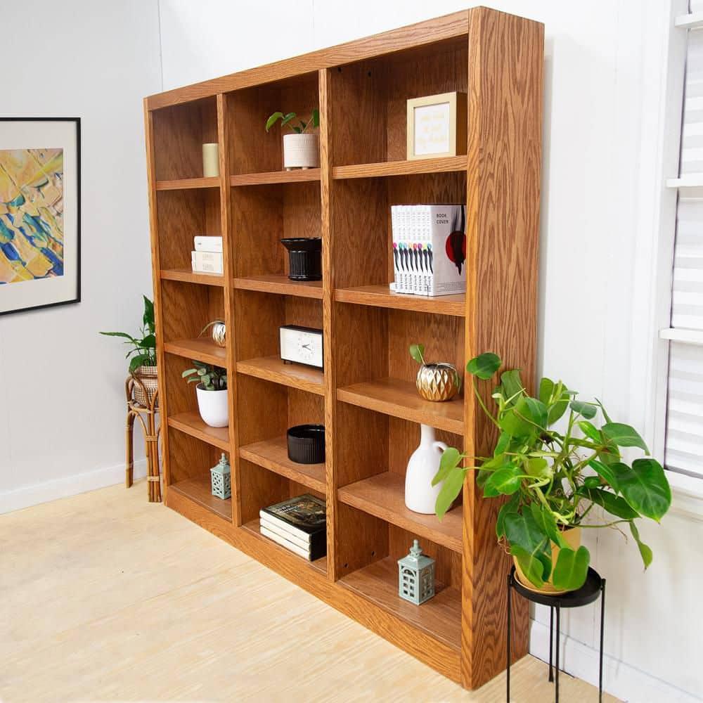 Concepts in Wood Traditional 72" Tall 15-Shelf Triple Wide Wood Bookcase in Oak